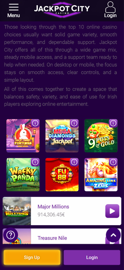 JackpotCity Casino Home Page on Mobile