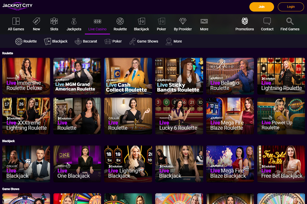 JackpotCity Casino Live Casino on Desktop