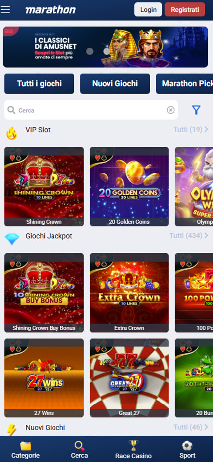 Homepage di Marathonbet Casino su mobile